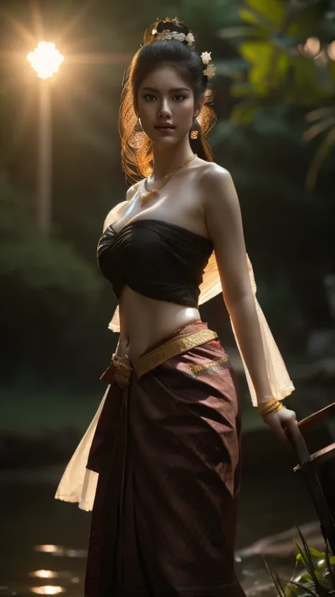 beautiful girl ,Thai women&#39;warrior, walking at thai measure, dynamic poses, Thai Chat Set, Strapless shirt, long hair,black eyes,abdominal muscles, plump body, rounded chest, (big breast:1.3), rift, morning sun, staring at the audience, (sexy poses), (...