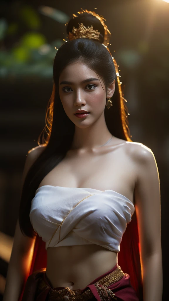 beautiful girl ,thai women&#39;warrior, walking at thai measure, dynamic poses, thai chat set, strapless shirt, long hair,black ...