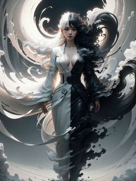 wabstyle, glowing, robe, (fog,:1.2) (mist:1.2), smoke, woman composed of white light, woman composed of black smoke, fire, sun, (photorealistic:1.4), cowboy shot, cinematic angle, fisheye, motion blur, nude, sexly, shoujo kitou-chuu,blue fire, frie rain, L...