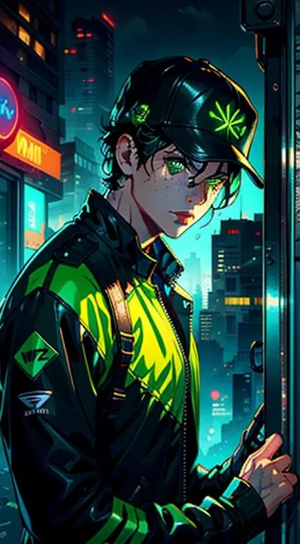 1man,solo,colorful, green eyes,cyberpunk,city,peace sign,black hair,eye green,freckles,prothesis,mechanic,neon,beautiful lighting, green reflection,cap,smoking,character focus,cg illustration,bust shot, green and black outfit,black hair, WOWEARN Logo 