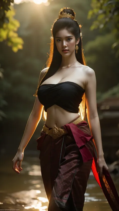 beautiful girl ,thai women&#39;warrior, walking at thai measure, dynamic poses, thai chat set, strapless shirt, long hair,black ...