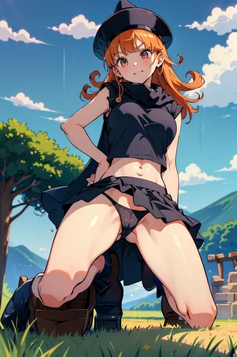 1 girl、High resolution、masterpiece、(Arena - DQ4、DQ4-Arena、Orange Hair)、smile、Squat with your legs apart、Leaning forward、Big uscular、Thick thighs、、Outdoor、grassland、Grass grows、Navy blue hat、Cape、Yellow Mini Dress、boots、(((細かい装飾が施された性的なBlack panties)))、shot...