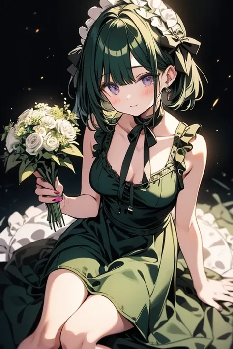 A green haired girl with purple eyes and an hourglass figure in a green Lolita dress is holding a bouquet of green roses