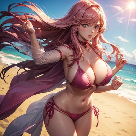 A woman with a voluptuous figure, resembling Lunamaria Hawke from Gundam SEED, is wearing a pink bikini and frolicking on the beach as the setting sun shines.