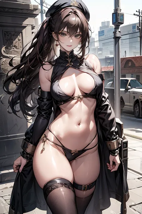 thynasha, 18yo girl Dark blue hair,long hair,ponytail,hair between eyes,bangs,outdoors,cityscape,standing,armor best,assault rifle,camouflage,holding weapon,load bearing vest,saide backpack,full body,best quality,masterpiece,highres,official art,extremely ...