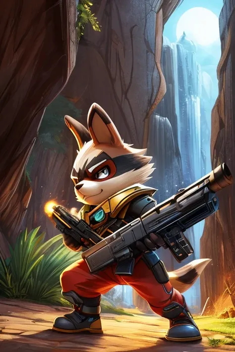 rocket racoon con orejas de conejo y un blaster