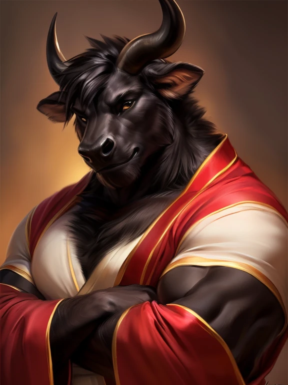 4K, high resolution, best quality, Perfect color, Perfect shadow, Perfect lighting, ((close up, portrait)), release date：E621, Hairy body, Solitary, human black cow, Curved horns, (Monotonous black fur:1.3), male, aldult, (Veinous biceps, muscular, Masculi...