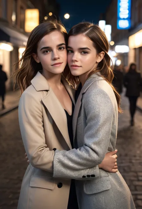 (2girls:1.1), (Emma Watson:1.2), (Hailee Steinfeld:1.3), hugging, posing for picture, model-shoot style, magazine cover photo style, (beautiful, hot, attractive), soft sensual lighting, hyperrealism, ultra realism, cinematic portrait, film grain, bokeh, ev...