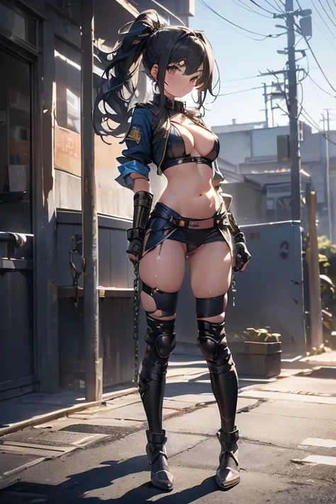 thynasha, 18yo girl Dark blue hair,long hair,ponytail,hair between eyes,bangs,outdoors,cityscape,standing,armor best,assault rifle,camouflage,holding weapon,load bearing vest,saide backpack,full body,best quality,masterpiece,highres,official art,extremely ...