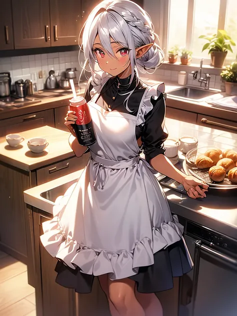 An elf woman, 40 years old, tanned black skin, beautiful silver hair, hair tied back, pointed ears, beautiful red eyes, pink lips, kitchen, oven, gas stove, wearing a frilly apron. , black tube top, long skirt, black pantyhose, cleavage, staring at the vie...