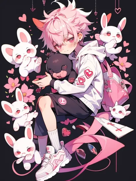 boy1名, flower,portraiture,boy shota、stuffed rabbit、tracksuits、shorts、light-pigmented hair、pink eyes、high quality、high resolution...