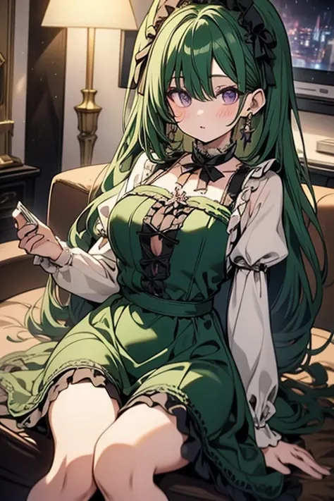 A green haired girl with purple eyes and an hourglass figure in a green Lolita dress is playing a game in a living room