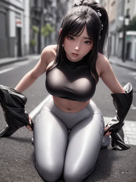 ultra realistic 8k computer graphics, masterpiece, ((ultra detailed background, kneeling, to the streets)), beautiful girl, incredible beautiful girl, long light hair, tight leggings, black leggings, open white top