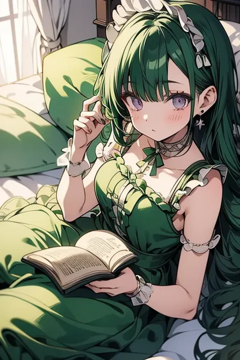 A green haired girl with purple eyes and an hourglass figure in a green Lolita dress is reading a book on a bed