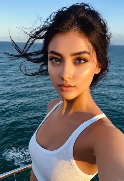  beautiful model posing, Dunkles, glattes Haar, brown eyes – 21 years, sportliche breite Figur, large  , Hunter eyes, Selfie outside in front of the sea, largee Bŕuste