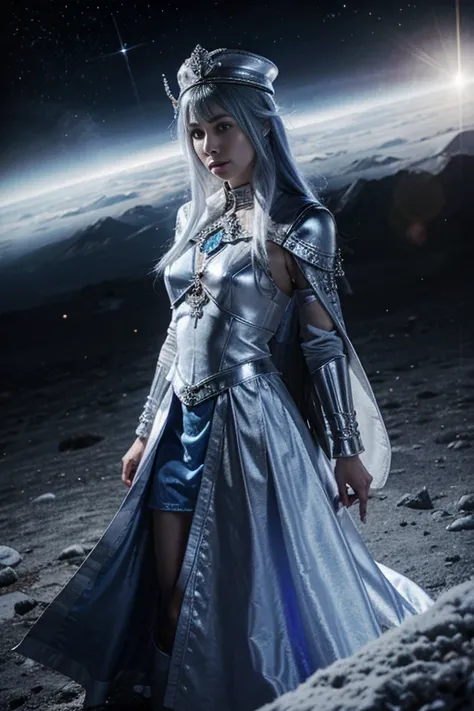 the High Priestess, dressed in silver, blue, cold pale blue and silver rayed sky blue, uniting intelligence, the Priestess of the Silver Star, Luna, the High Priestess, Caza art, digital art