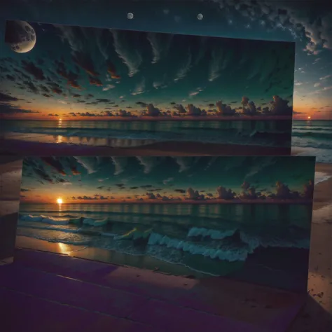 highres, imagination, (realistic), clear skies, composition, sunset, (hdr:1.5), billboards, intricate details. Beautiful beach in the background, the waning moon appearing in the background in the right corner.