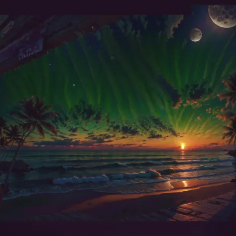 highres, imagination, (realistic), clear skies, composition, sunset, (hdr:1.5), billboards, intricate details. Beautiful beach in the background, the waning moon appearing in the background in the right corner.