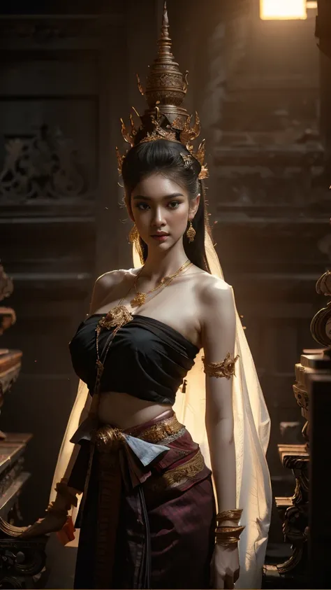 beautiful girl ,Thai women&#39;warrior, walking at thai measure, dynamic poses, Thai Chat Set, Strapless shirt, long hair,black eyes,abdominal muscles, thin body, rounded chest, (big breast:1.3), rift, small thighs, Long legs, morning sun, staring at the a...