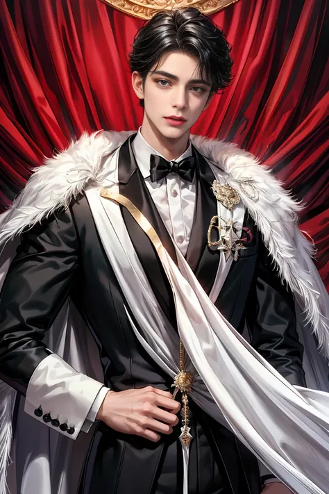 
Beautiful angel gay couple、handsome man、Big eyes, pretty face、Big Feather、A cape longer than the wearer&#39;s height with a large stand-up collar、tuxedo