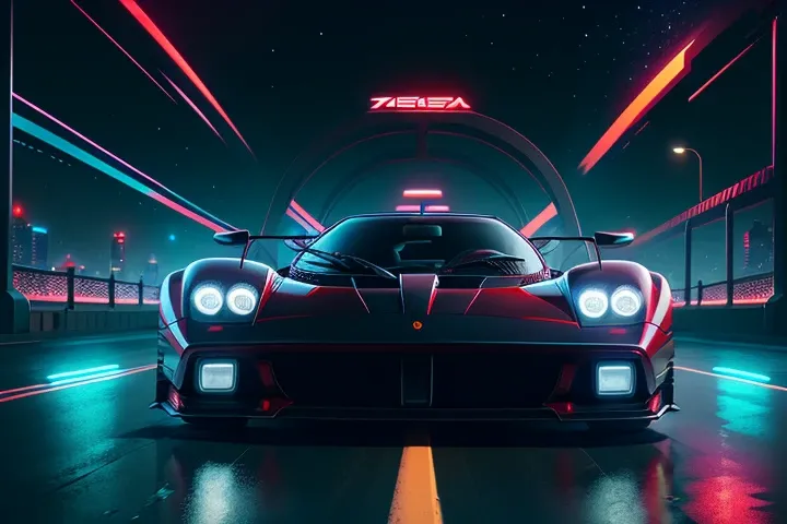 hot wheels toy with a futuristic theme background that looks natural and not edited, centered in the image, Hot Wheels Pagani Zonda, retrowave. bridge road, Red neon lights, (masterpiece,detailed,highres), Pagani Logo, Pagani Teks
