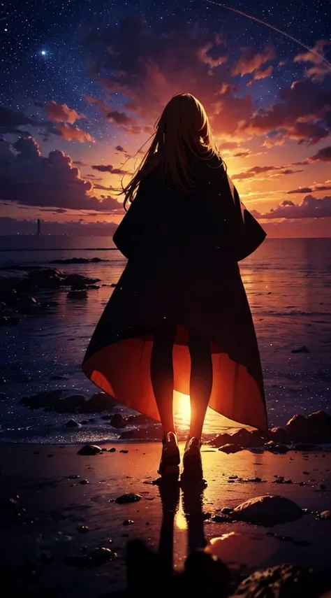 １people々々々々々々々々,Blonde long-haired woman，Long coat， Dress Silhouette， Rear View，Space Sky, , Anime Style, sunset，The boundary between sea and space，