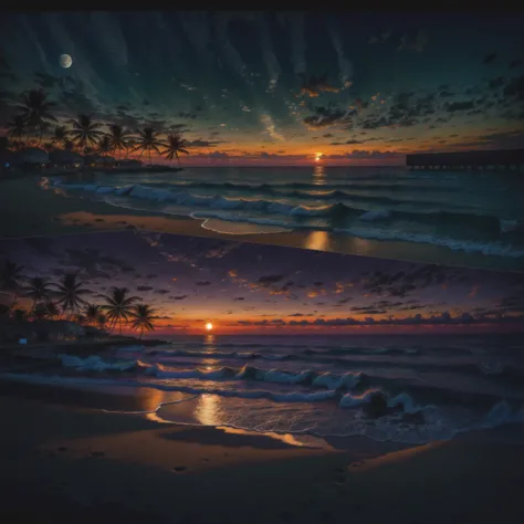 highres, imagination, (realistic), clear skies, composition, sunset, (hdr:1.5), billboards, intricate details. Beautiful beach in the background, the full moon appearing in the background in the right corner. The beach is illuminated by the black light of ...