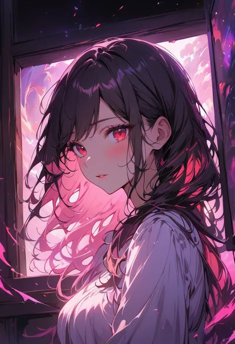 (best quality, masterpiece:1.2), 1 Girl, large red eyes,Pink long hair,White Dress,Purple Devil&#39;s Tail, blush,Gaze at the stars outside the window, Movie-level lighting effects, Particle light effects, portrait, Ethereal colors, surreal atmosphere, Del...