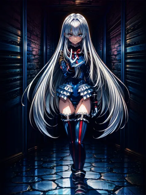 Perfect Anatomy, highest quality, rose,look at me lovingly,Provocative attitude
,(Dimly lit basement:1.1),Wicked Smile,Anime Style,(Frilled swimsuit, Knee socks, Removed sleeve), (Anime Style:1.4) ,
Silver Hair,(White fingers:1.1,Black gloves),Very long ha...