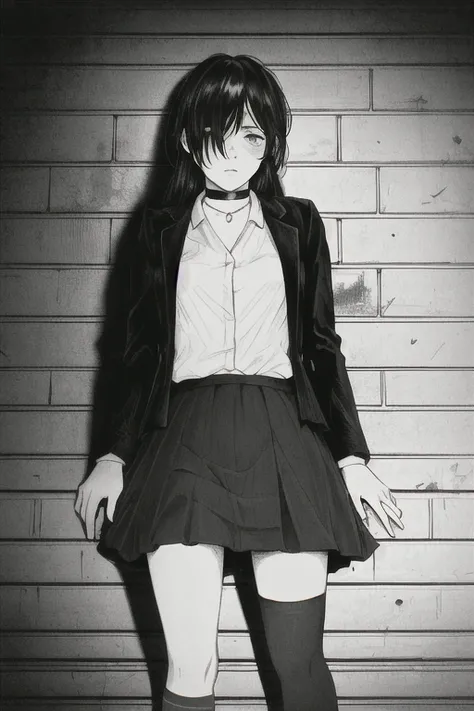 highest quality, Intricate details, Line art, Monochrome,

One girl, Long Hair, Black Hair, Messy Hair, Hair on one eye, Sharp eyes, 

choker, shirt, Torn legwear, Open jacket, 

Against the wall, Brick wall, graffiti, Dim lighting, alley

