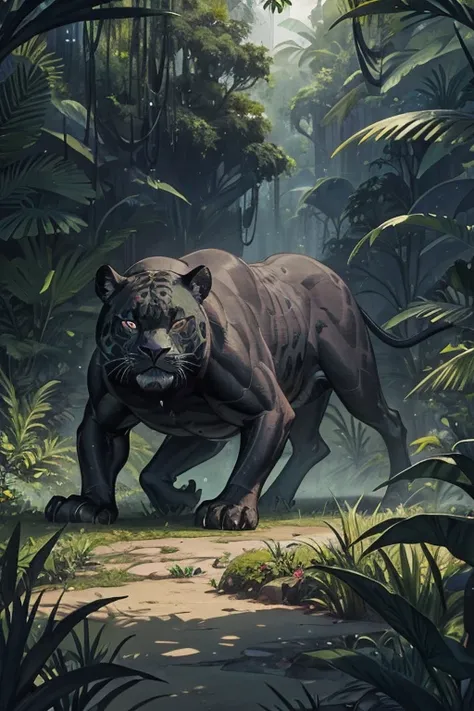 muscular black jaguar lurking in a lush rainforest, growling