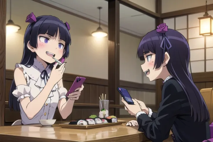 (ruri gokou), masterpiece, highest quality, One girl, alone, Hime cut, Gothic Lolita, Lolita Fashion, head band,restaurant,open mouth,tongue,food,makizushi,seafood,smirk,eating,laughing,constricted pupils,evil grin,shouting,(((indoors,sushi, food, smartpho...