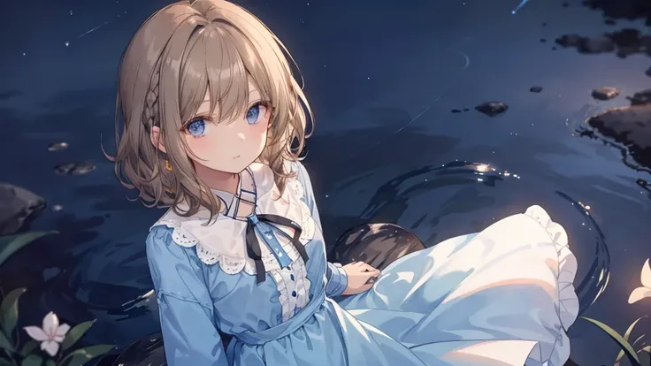 Very close to the viewer, From above, Slim and long, Girl very delicate and beautiful girl, Young girl, Light brown short hair, Long Curly Hair, ribbon、Inner hair color, Beautiful fine details, Medium chest, Pale blue clothes,Beautiful night sky