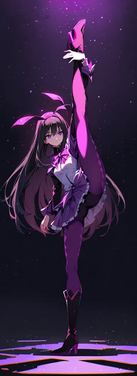 (highest quality:1.2),One girl,alone,Are standing_Split,homu，Magical Girl Clothes，boots，Purple eyes,Long Hair,Black Hair,bangs，Hair between the eyes,pixelated background,Neon Light,SF color scheme,Vibrant colors,Metallic texture,detailed shading,Holographi...