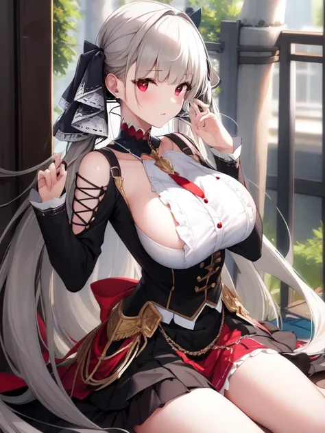 (masterpiece, Best quality1.2),illustration,8k,HD,1 Girl,Solitary,hands up,(portrait:1.2),long_hair,Large target_breast,Red_Eye,Very_long_hair,Bangs,Double tail,ribbon,grey_hair,cleveage,hair_ribbon,Two-color_ribbon,between_breast,Black_skirt,skirt,decorat...