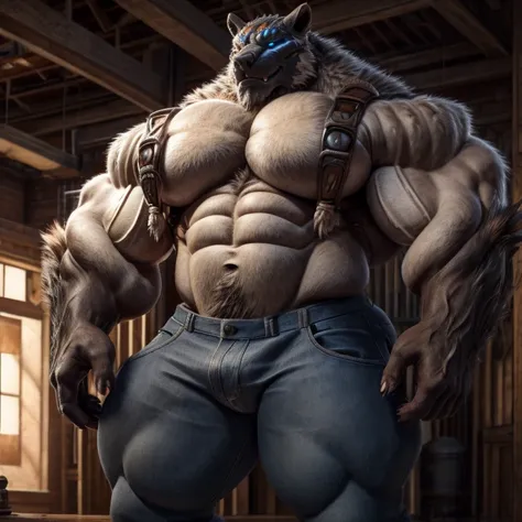 solo, male, , , detailed face, detailed eyes, hyper muscles, hyper pecs, thick thighs, standing, indoor,,skin,jeans