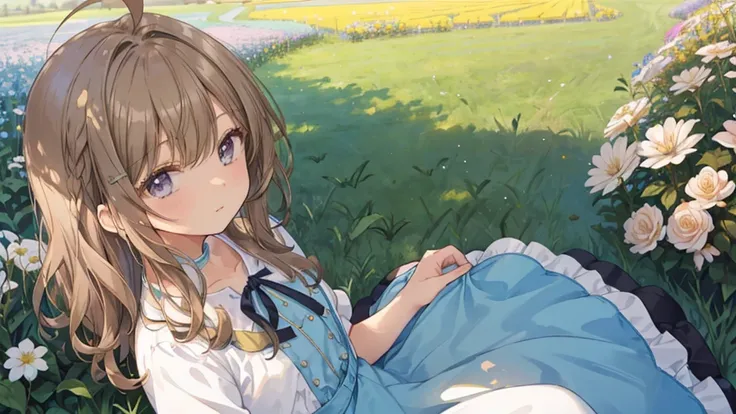 Very close to the audience, From above, Slim and long, Very delicate and beautiful girl, Young girl, Light brown short hair, Ahoge、Long Curly Hair, ribbon、inner hair color, Beautiful details, Medium Chest, Pastel colored clothes,Beautiful blue sky、Flower F...