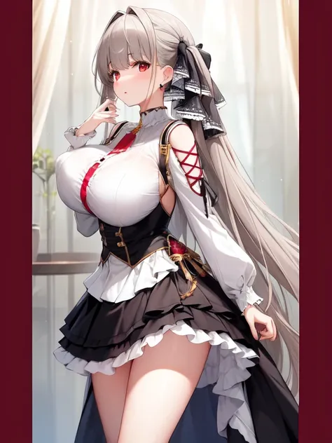 (masterpiece, Best quality1.2),illustration,8k,HD,1 Girl,Solitary,hands up,(portrait:1.2),long_hair,Large target_breast,Red_Eye,Very_long_hair,Bangs,Double tail,ribbon,grey_hair,cleveage,hair_ribbon,Two-color_ribbon,between_breast,Black_skirt,skirt,decorat...