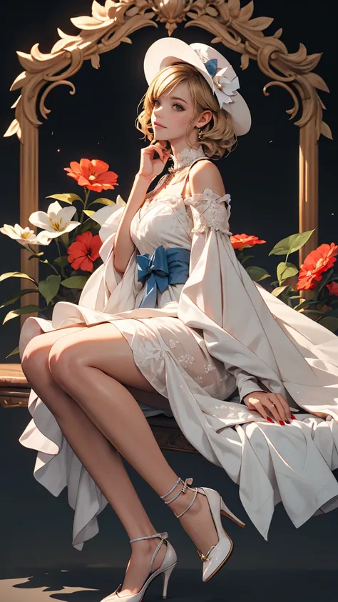 uekura, One girl, Blonde, White Background, Have, dress, Blue footwear, wing, Simple Background, sign, flower, Manicure, Wide sleeves, Long sleeve, blush, animal, white flower, alone, whole body, bird, View your viewers, High heels, Put your hand on your c...