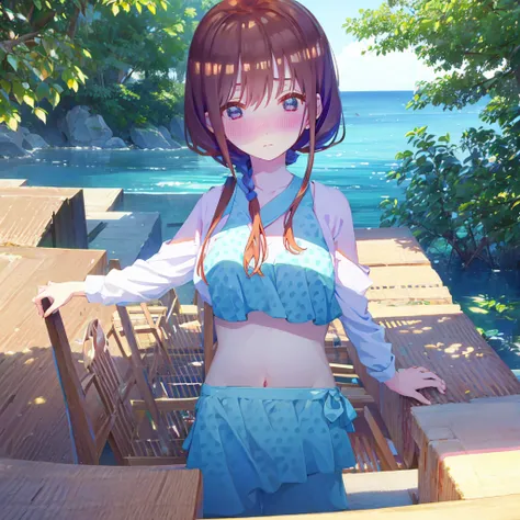 Blue swimsuit、Big Breasts、Shoulders stick out、belly button、Shy face、blush、valley、Nipples、Simple solid color background、brown hair、bikini、alone、Upper Body、Lonely、Twin tails