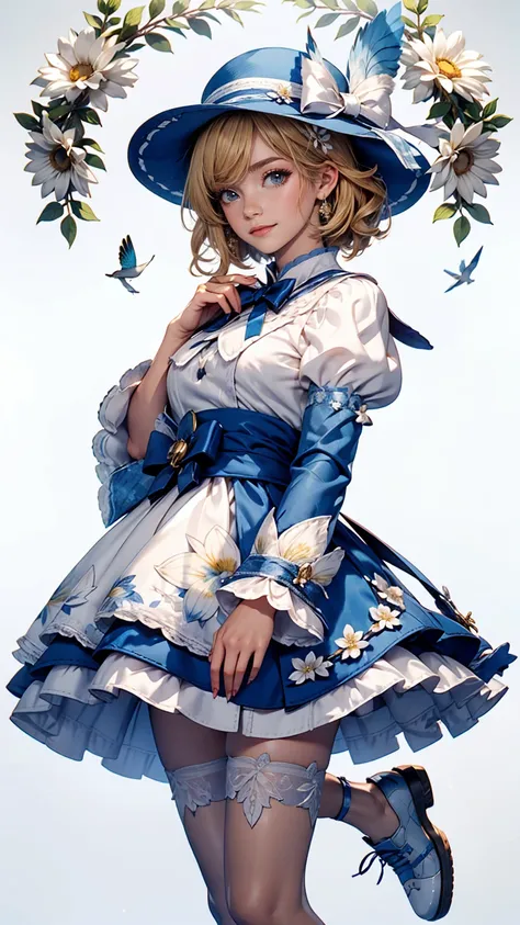 uekura, One girl, Blonde, White Background, Have, dress, Blue footwear, wing, Simple Background, sign, flower, Manicure, Wide sleeves, Long sleeve, blush, animal, white flower, alone, whole body, bird, View your viewers, High heels, Put your hand on your c...