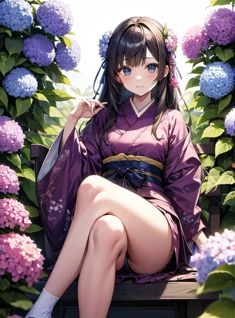 Cute Girls、Japanese、Surrounded by hydrangeas、Sitting with legs crossed、Fashionable hair ornaments、