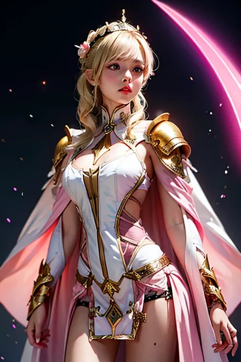 Female short blond tomboy hair dark fantasy girl wearing an intricate elaborate futuristic light pink armor with mini dress with elaborated white ornaments, pink short cape, pink short mini skirt, wearing a large staff, gold magic eclipse, stars, magic con...