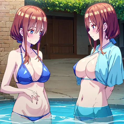 Blue swimsuit、Big Breasts、Shoulders stick out、belly button、Shy face、blush、valley、Nipples、Simple solid color background、brown hair、bikini、alone、Upper Body、Lonely、Twin tails