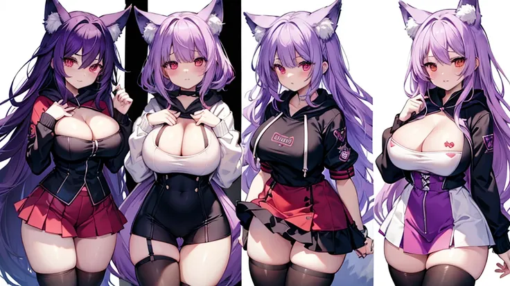 Fox Girl, Big Breasts, Voluminous purple hair, masterpiece , Red eyes、Double teeth、tooth、Blushed cheeks、 hd, Head to Chest, buried in my chest、Underbust、Cleavage、hoodie、hot pants、Black knee socks