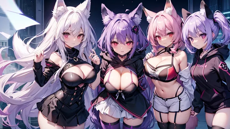 Fox Girl, Big Breasts, Voluminous purple hair, masterpiece , Red eyes、Double teeth、tooth、Blushed cheeks、 hd, Head to Chest, buried in my chest、Underbust、Cleavage、hoodie、hot pants、Black knee socks