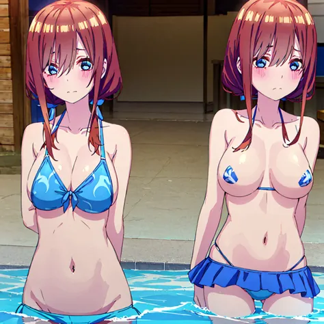 Blue swimsuit、Big Breasts、Shoulders stick out、belly button、Shy face、blush、valley、Nipples、Simple solid color background、brown hair、bikini、alone、Upper Body、Lonely、Twin tails、Facing forward