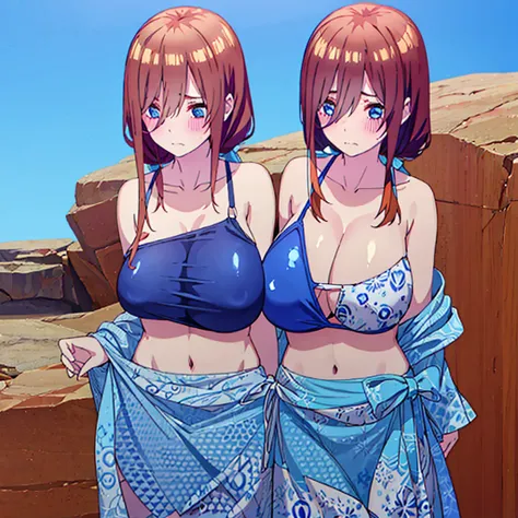 Blue swimsuit、Big Breasts、Shoulders stick out、belly button、Shy face、blush、valley、Nipples、Simple solid color background、brown hair、bikini、alone、Upper Body、Lonely、Twin tails、Facing forward