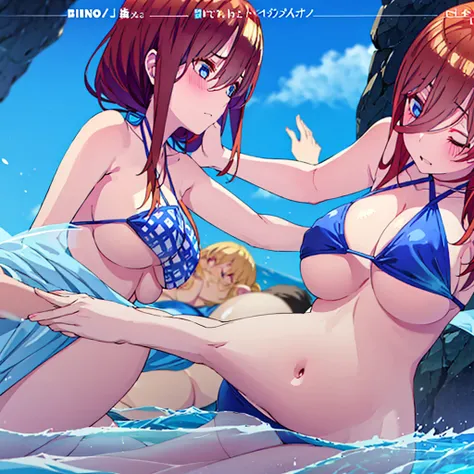 Blue swimsuit、Big Breasts、Shoulders stick out、belly button、Shy face、blush、valley、Nipples、Simple solid color background、brown hair、bikini、alone、Upper Body、Lonely、Twin tails、Facing forward