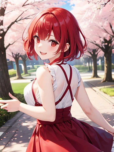 Red Hair，short hair，girl，Cherry blossoms are dancing，Double，Red Eyes，smile，Turning around